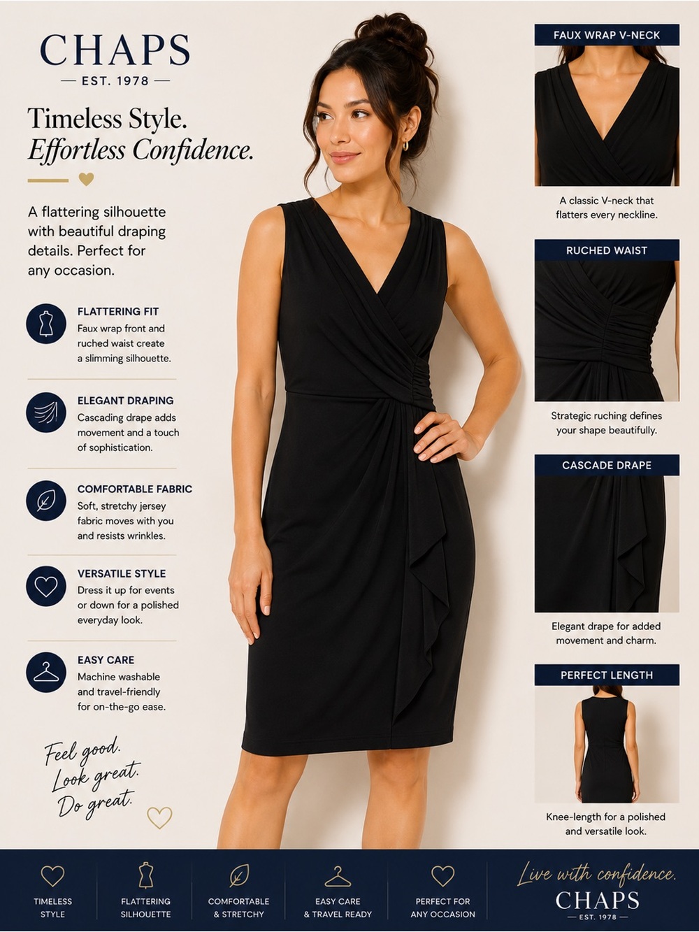 Chaps Black Faux Wrap Sleeveless Sheath Dress
